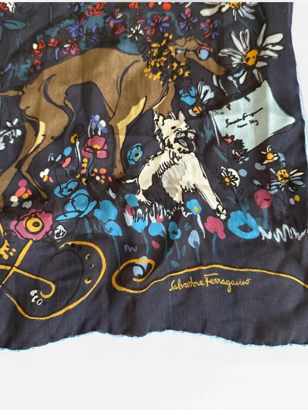 Salvatore Ferragamo silk scarf whimsical dog floral old money quiet luxury chic
